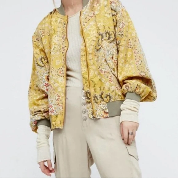 Free People Yellow Paisley Bomber Jacket Small - Picture 1 of 6